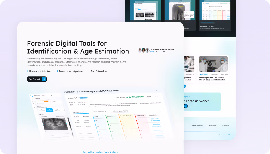 Web page showcasing forensic digital tools for age estimation and identification with screenshots of a case management dashboard and forensic investigations.