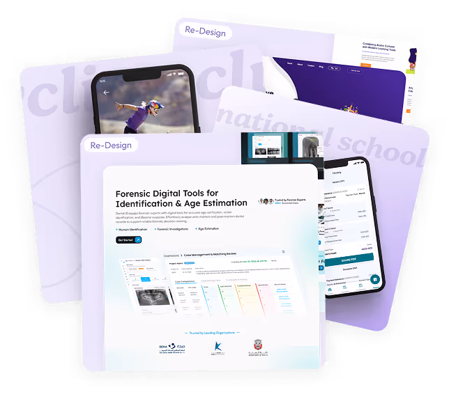 Collage of digital user interface redesigns showing forensic digital tools for identification and age estimation on various devices including smartphones and tablets.