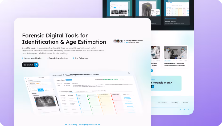 Webpage showcasing forensic digital tools for identification and age estimation with sample dental case management interface.