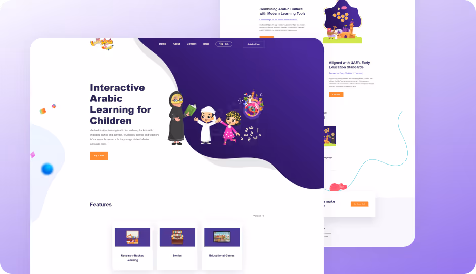Website homepage for interactive Arabic learning for children featuring cartoon kids and an adult, with sections on research-backed learning, stories, and educational games.