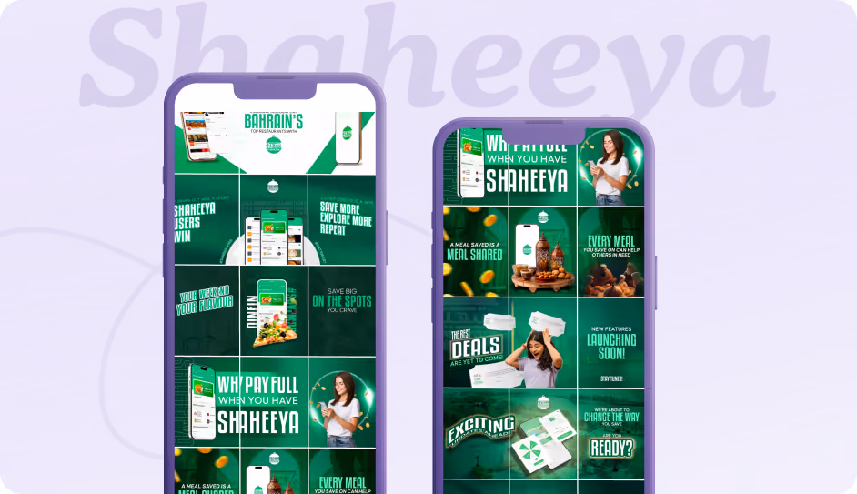 Two smartphones displaying promotional content for Shaheeya app, featuring meal savings, deals, and new features.