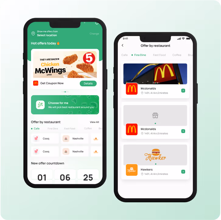 Two smartphones showing a food offer app with a McDonald's Chicken McWings promotion, restaurant offers by location including McDonald's and Hawkers, and a countdown timer.