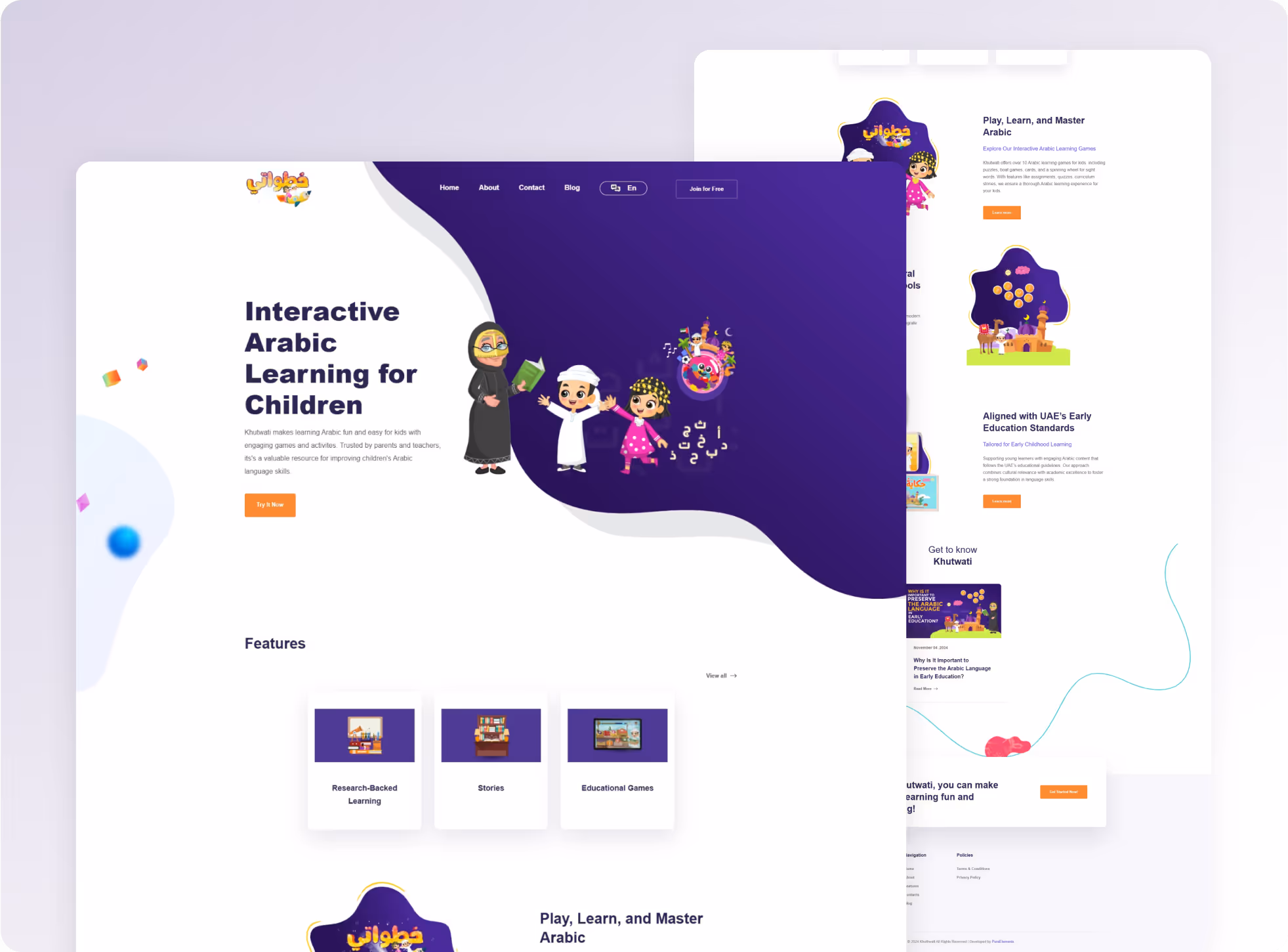 Website homepage for interactive Arabic learning for children featuring cartoon kids and a teacher, with sections on research-backed learning, stories, and educational games.