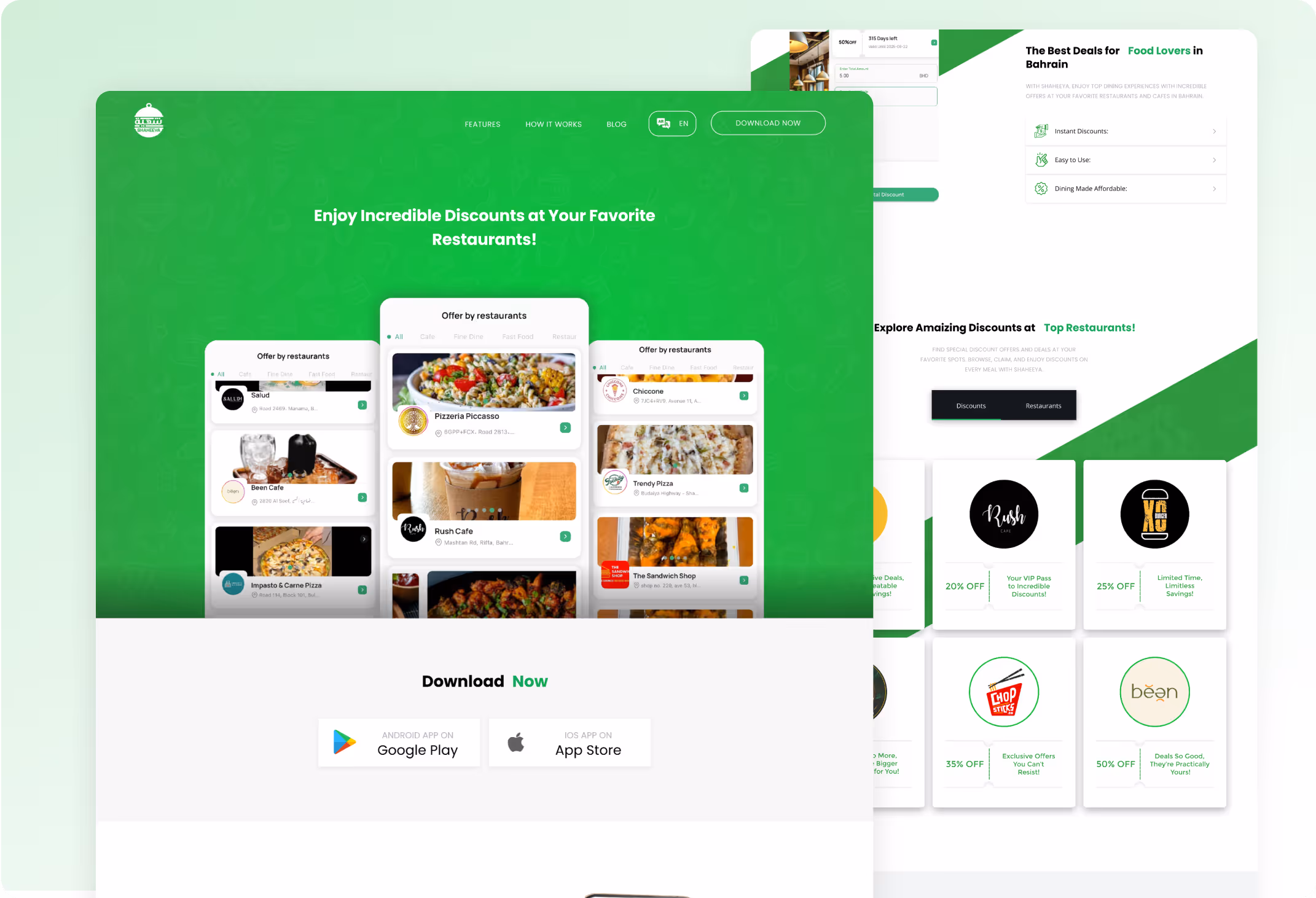 Website interface showcasing a food discount app with offers from various restaurants and download buttons for Google Play and App Store.