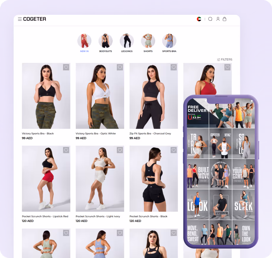 E-commerce webpage showing sports bras and shorts with prices, alongside a mobile view displaying various fitness outfits and promotions.