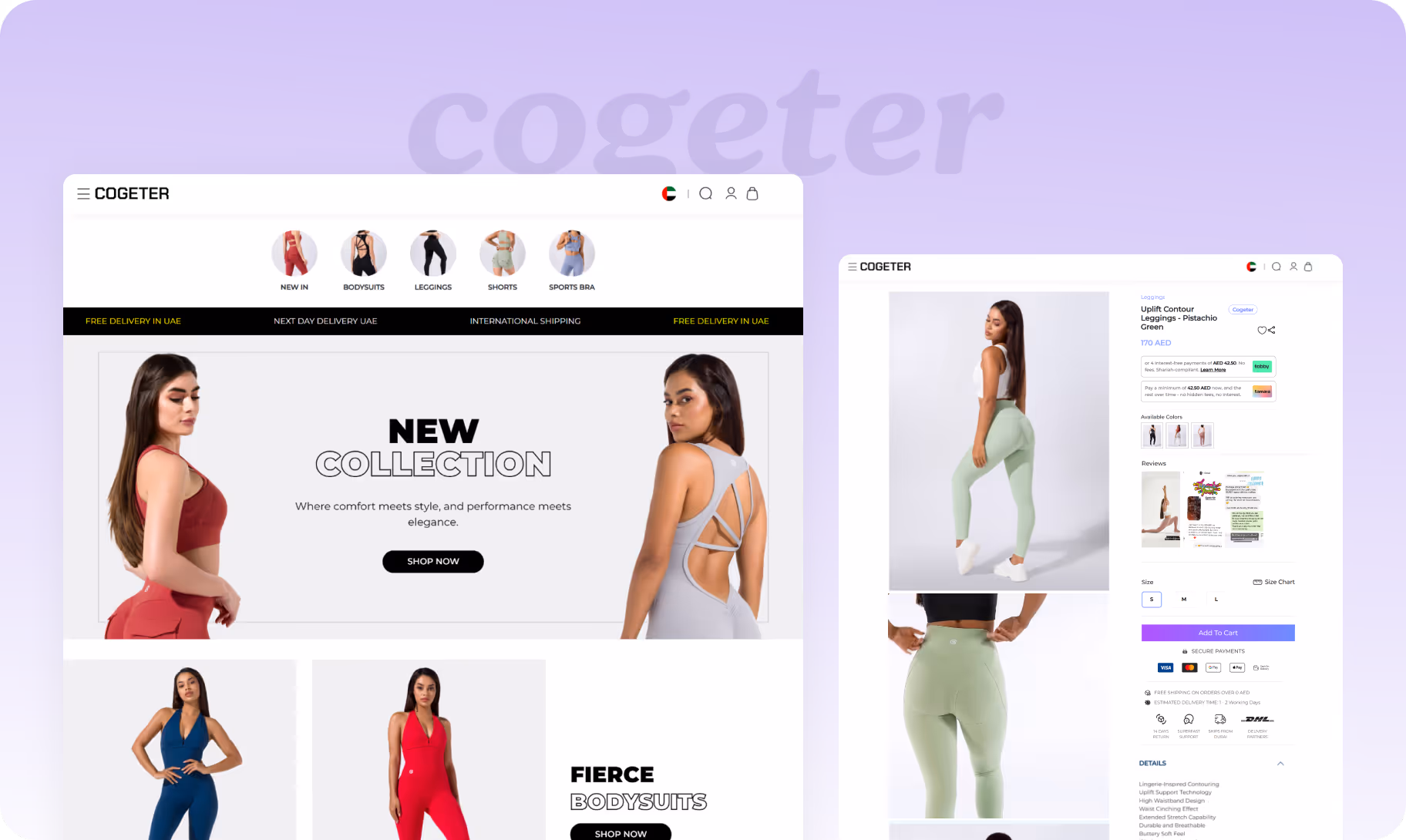 E-commerce website layout displaying fitness apparel including bodysuits and leggings with models showcasing new collection and product details.