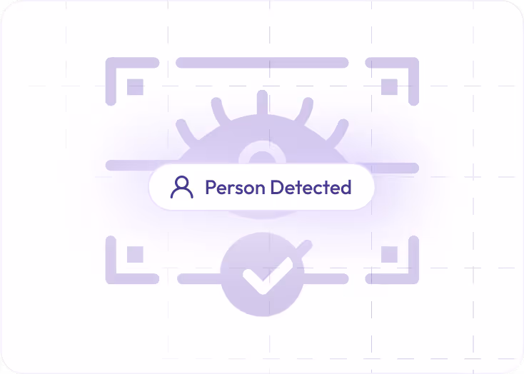 Illustration of an eye with a check mark and the text 'Person Detected' inside a focus frame.
