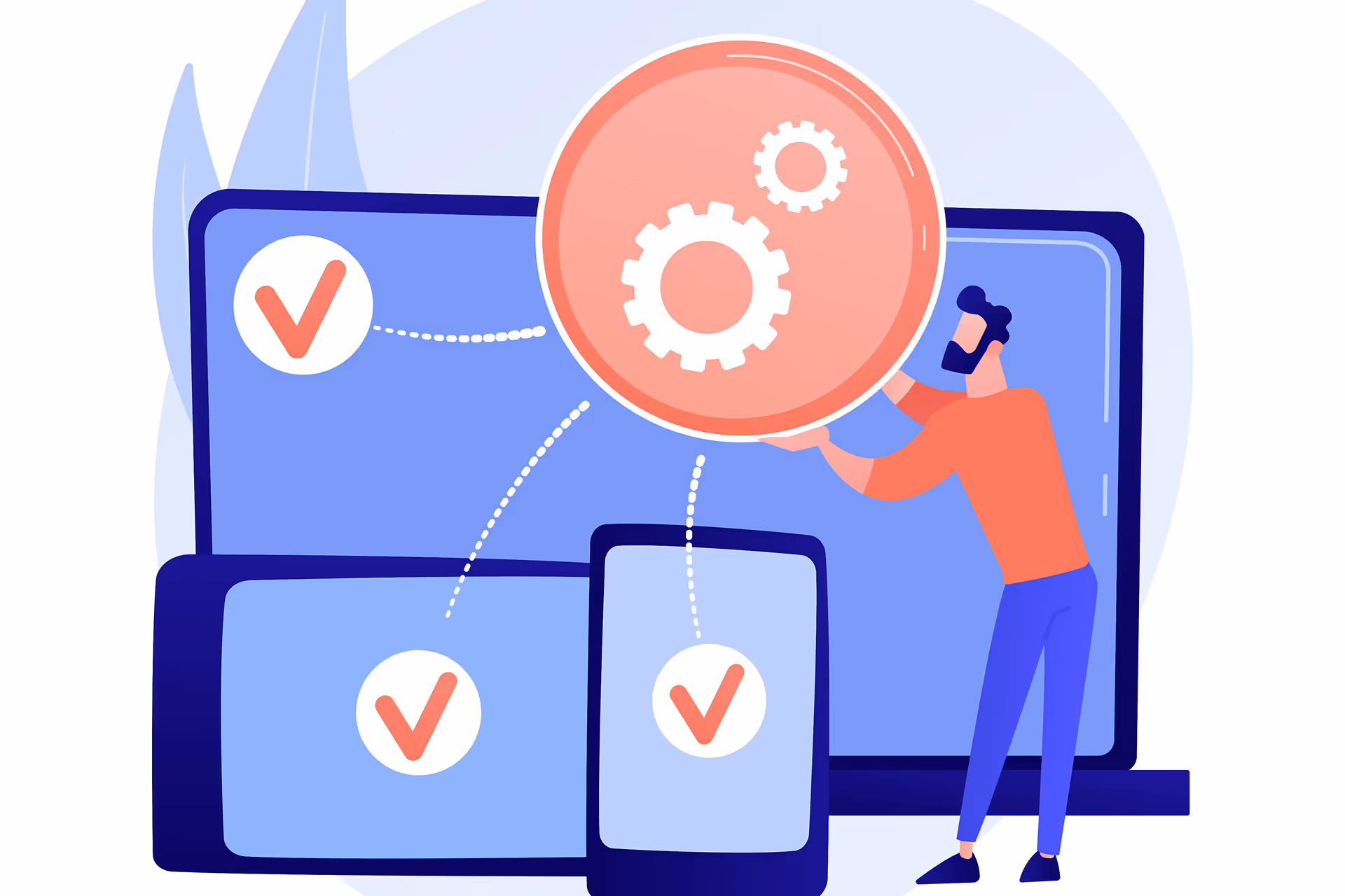 Illustration of a man adjusting large gear icons on a laptop, tablet, and smartphone screen with check marks on each device.