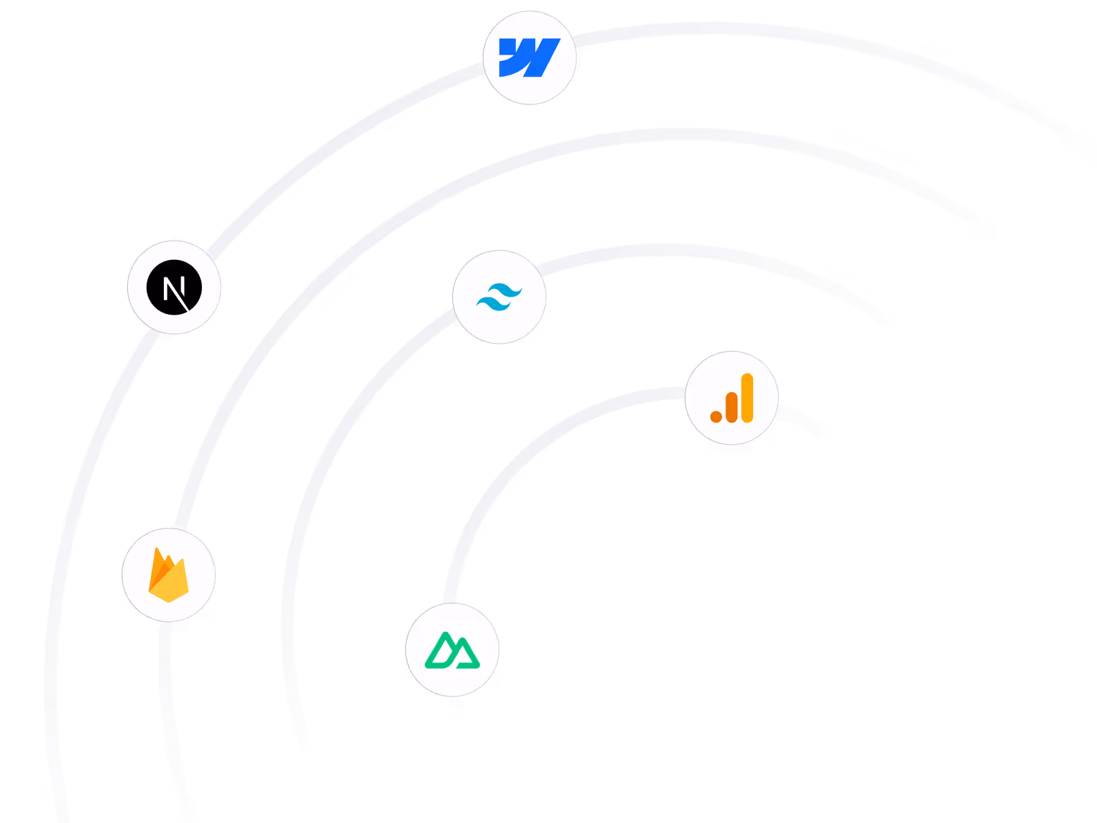 Curved lines connecting various tech logos including Firebase, Google Analytics, W&B, and others on black background.