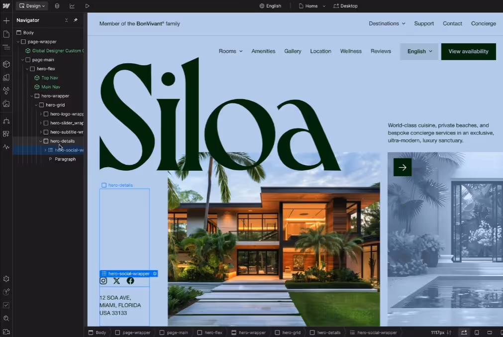 Website design interface showing a luxury modern house with large glass windows and palm trees, labeled 'Siloa' with navigation menu and availability button.