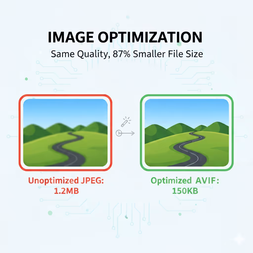 Comparison of two images showing a winding road through green hills under a blue sky: unoptimized JPEG file of 1.2MB with lower clarity, and optimized AVIF file of 150KB with sharper details.