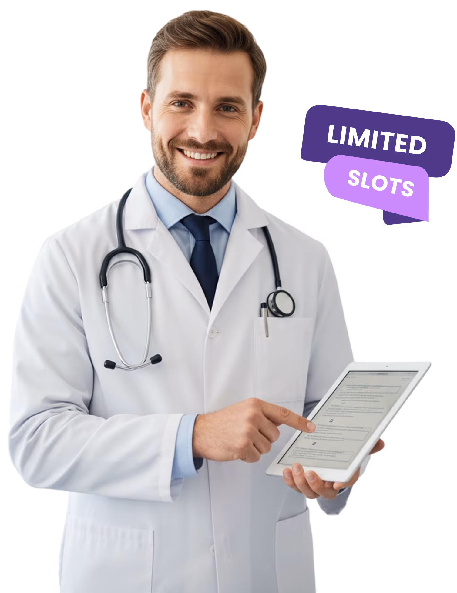 Smiling male doctor in white coat with stethoscope, holding and pointing at a tablet with text.