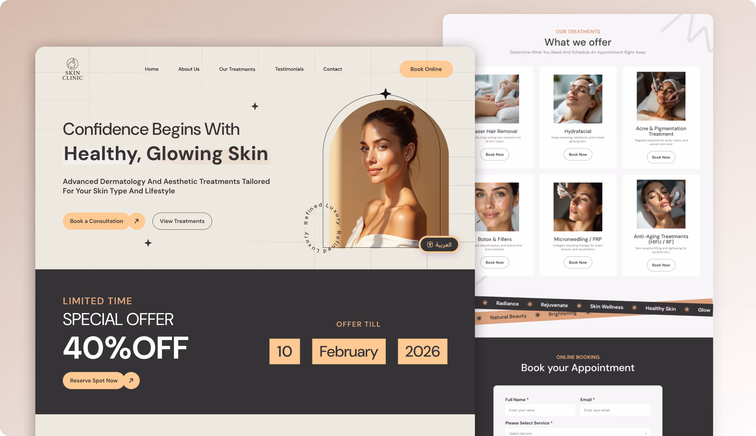 Skin Clinic website homepage showcasing healthy glowing skin with a woman’s portrait, special offer of 40% off till February 10, 2026, and online booking options for treatments.
