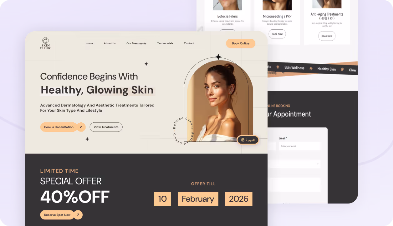 Skin Clinic website homepage featuring a woman with glowing skin, a special offer of 40% off until February 10, 2026, and options to book a consultation or view treatments.