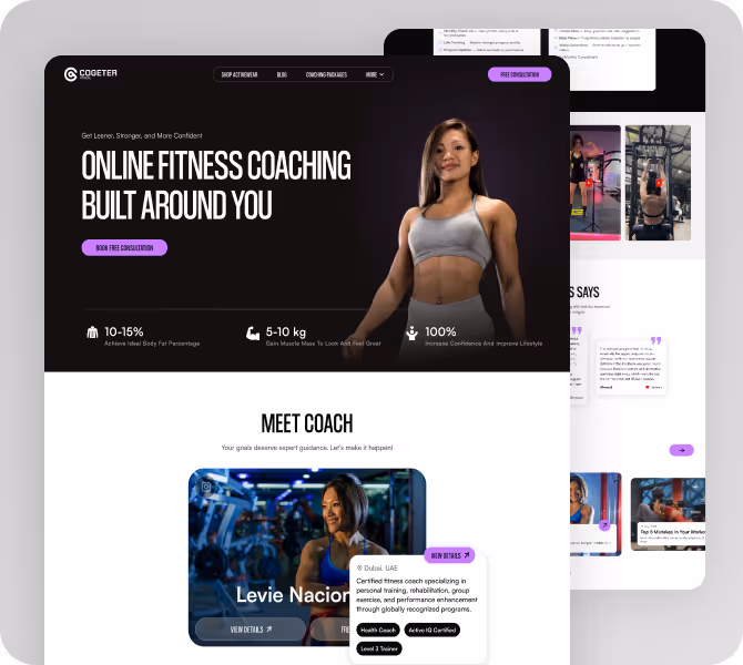 Website homepage featuring a female fitness coach promoting personalized online fitness coaching with benefits like body fat percentage reduction and muscle gain.