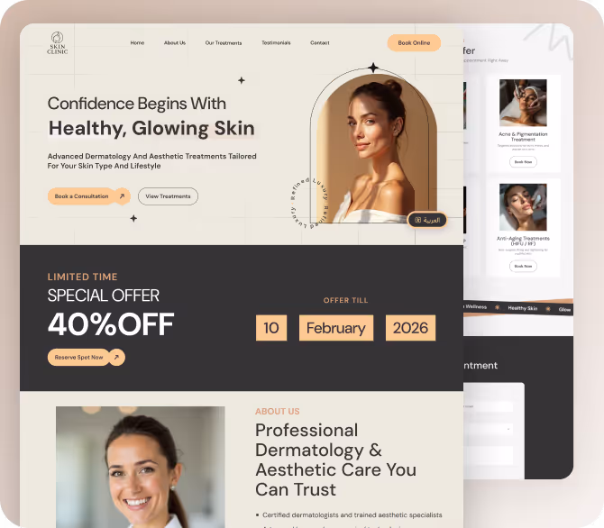 Skin Clinic website homepage showcasing advanced dermatology and aesthetic treatments with a special offer of 40% off until February 10, 2026, featuring images of smiling women with glowing skin.