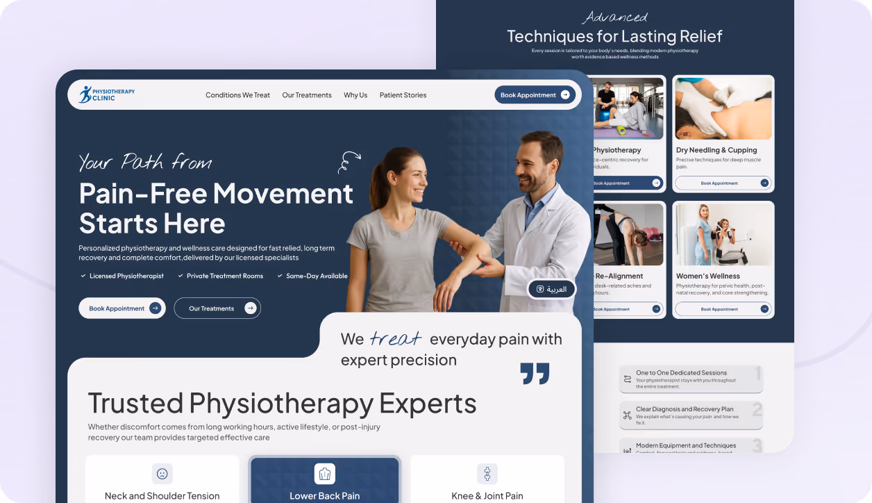 Physiotherapy clinic website homepage showing a physiotherapist assisting a smiling woman with arm movement and sections about pain-free movement, expert care, and treatment options.