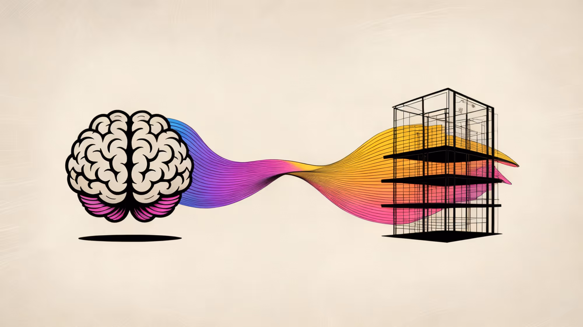 Stylized illustration of a brain on the left connected by colorful flowing lines to a wireframe building structure on the right.