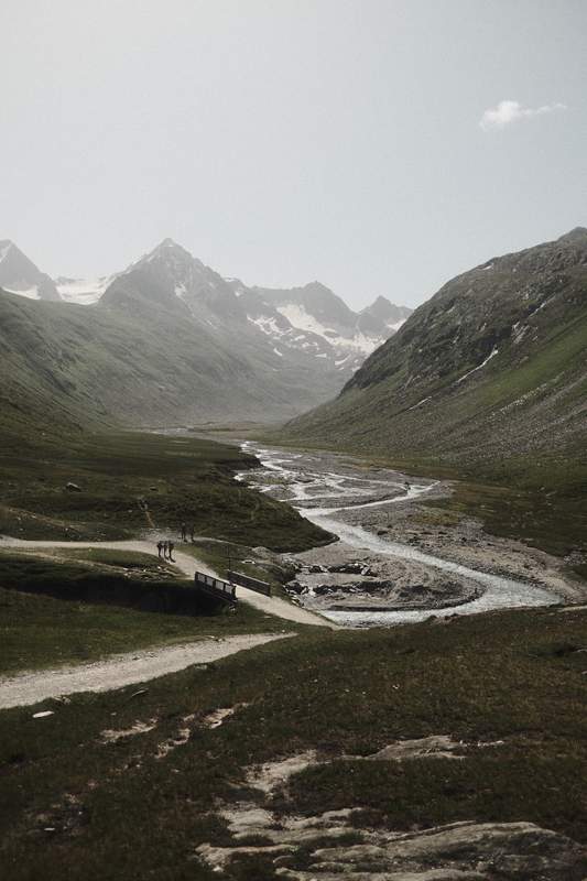 Summer alpine meadow with mountain backdrop and hiking trails