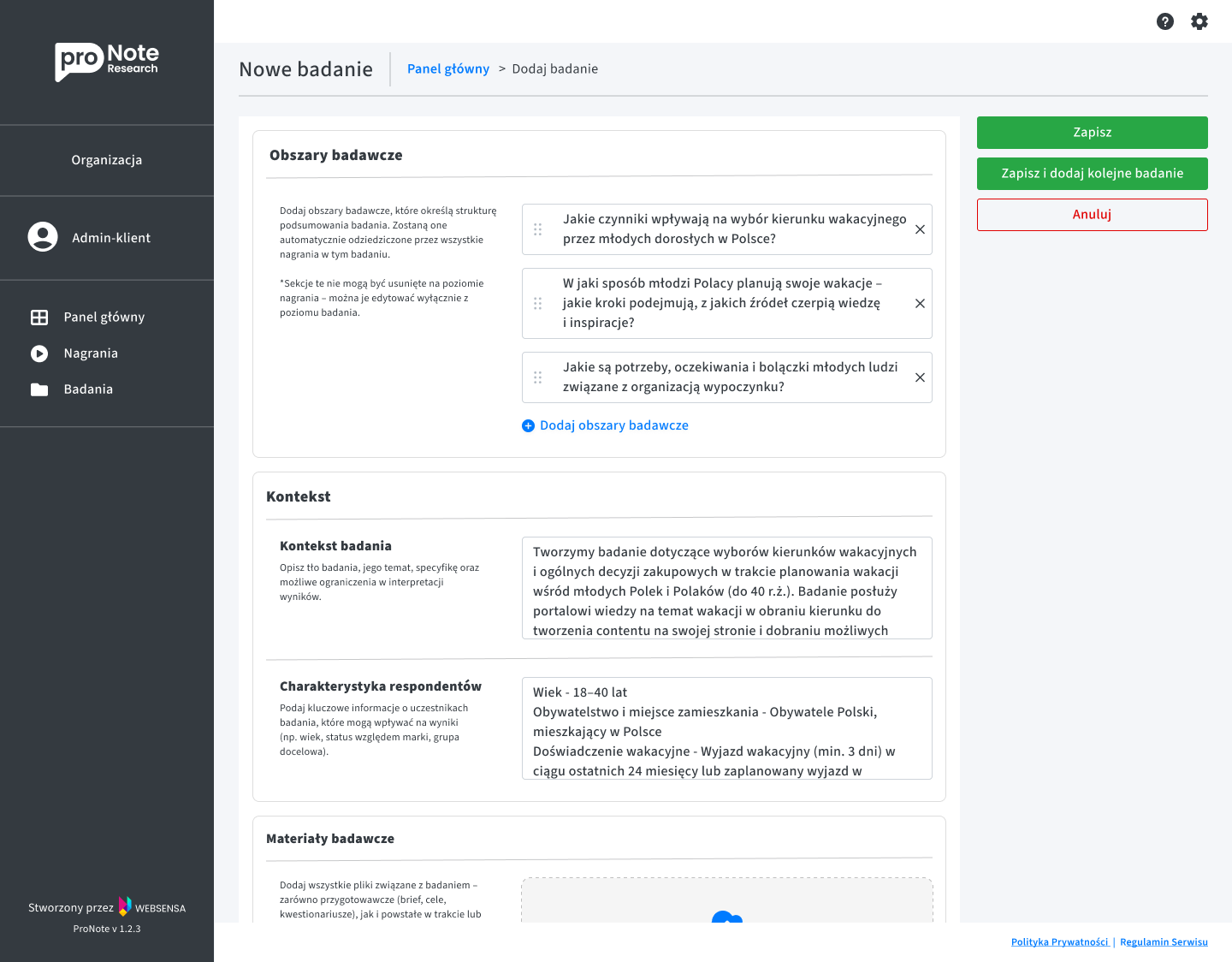 Ekran proNote Research z miejscem na wpisanie kontekstu badawczego