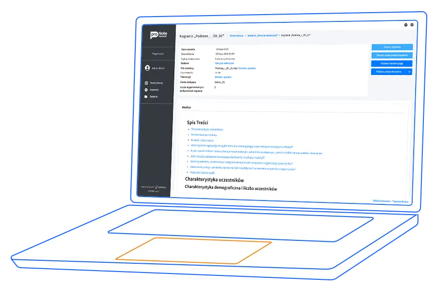 Interface proNote Research na ekranie laptopa