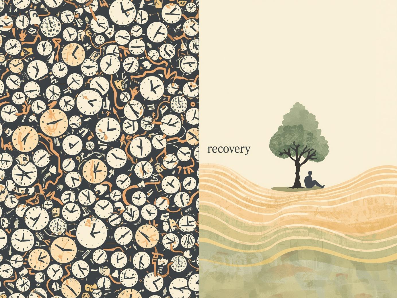Minimal editorial infographic illustration. Split canvas design. Left side: chaotic, dense — overlapping clocks, notification bells, tangled lines, frantic small figures running, dark charcoal and burnt orange palette, cramped spacing. Right side: spacious, breathing — one figure sitting under a single tree, gentle curved lines suggesting slow heartbeat, soft sage green and warm cream palette, wide open white space. In the center: a thin vertical line as the dividing threshold, with the word "recovery" written vertically along it in small serif type. No chart axes, no numbers — purely visual metaphor. Flat design meets fine-art print aesthetic. Think New Yorker editorial meets data visualization.