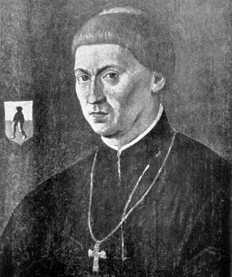 Sixteenth-century portrait of Łukasz Watzenrode, Prince-Bishop of Warmia, in dark clerical dress with a pectoral cross
