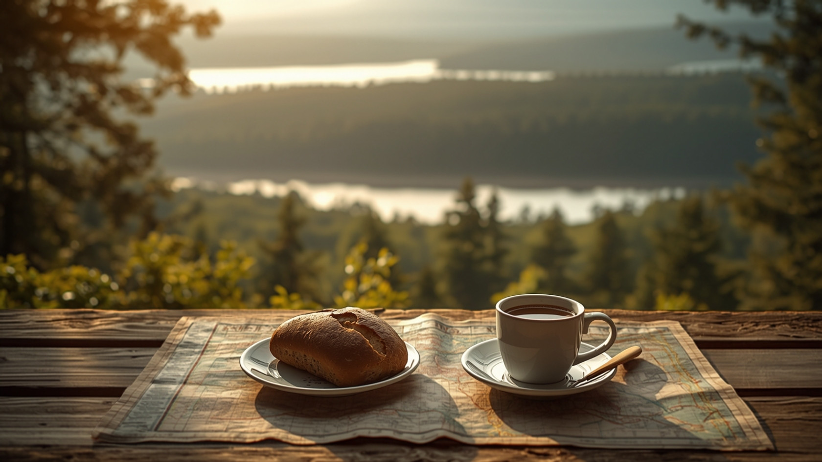 Coffee, bread and a paper map on a wooden table above a forested lake view