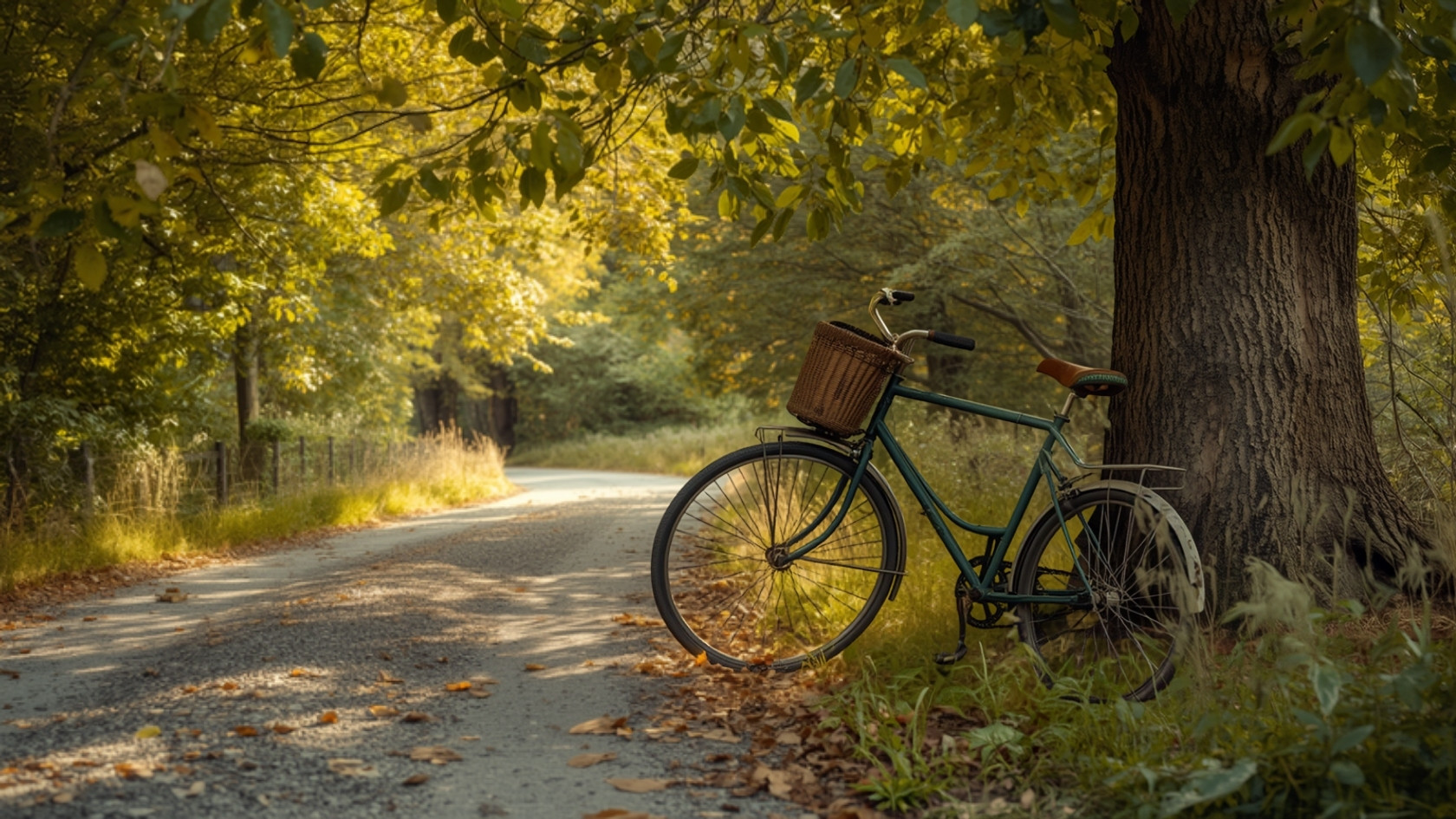 Green vintage bicycle with a wicker basket resting against a tree beside a gravel forest road