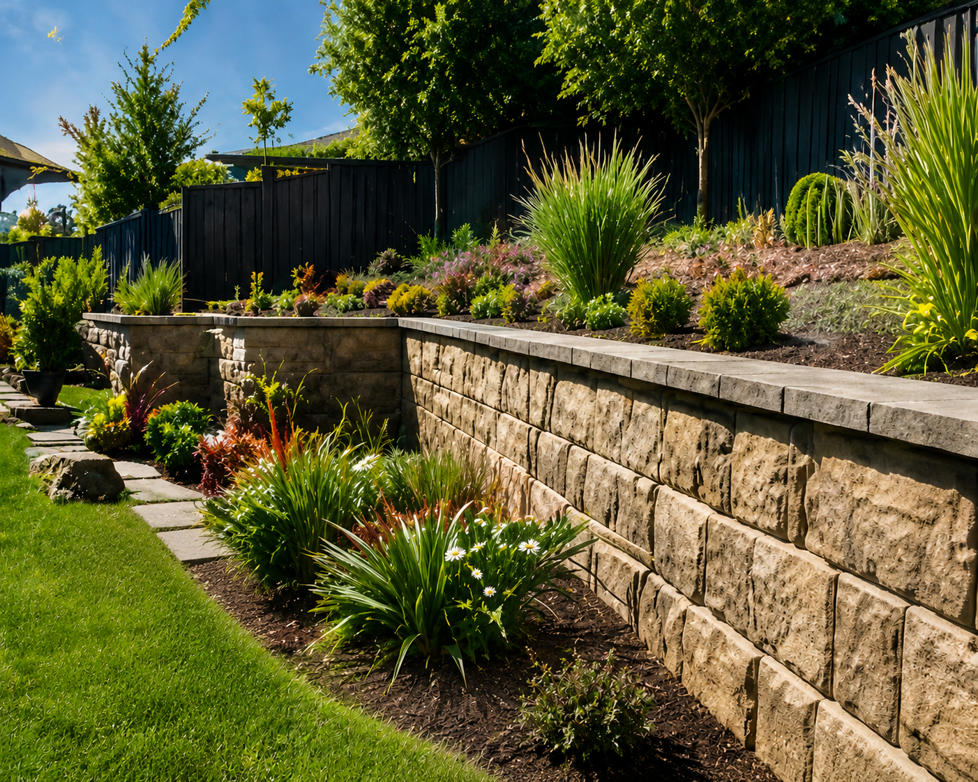 Low maintenance landscaped front yard with retaining wall and hardy planting in Hobart