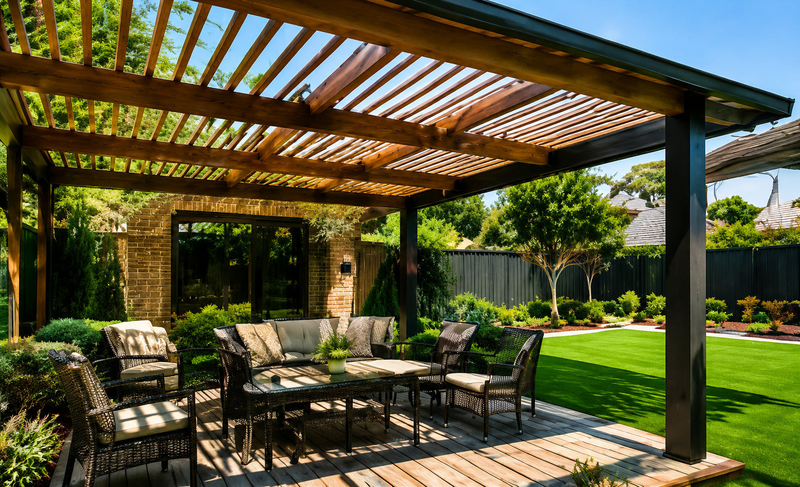 Modern timber pergola over a landscaped outdoor entertaining area in Hobart