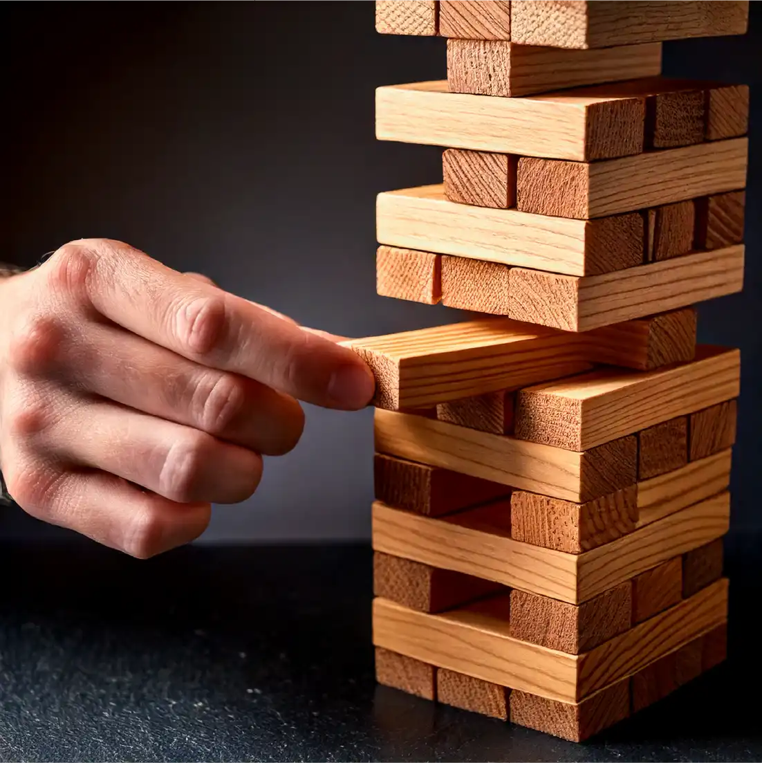 photo gros plan sur une main retirant une pièce de jenga