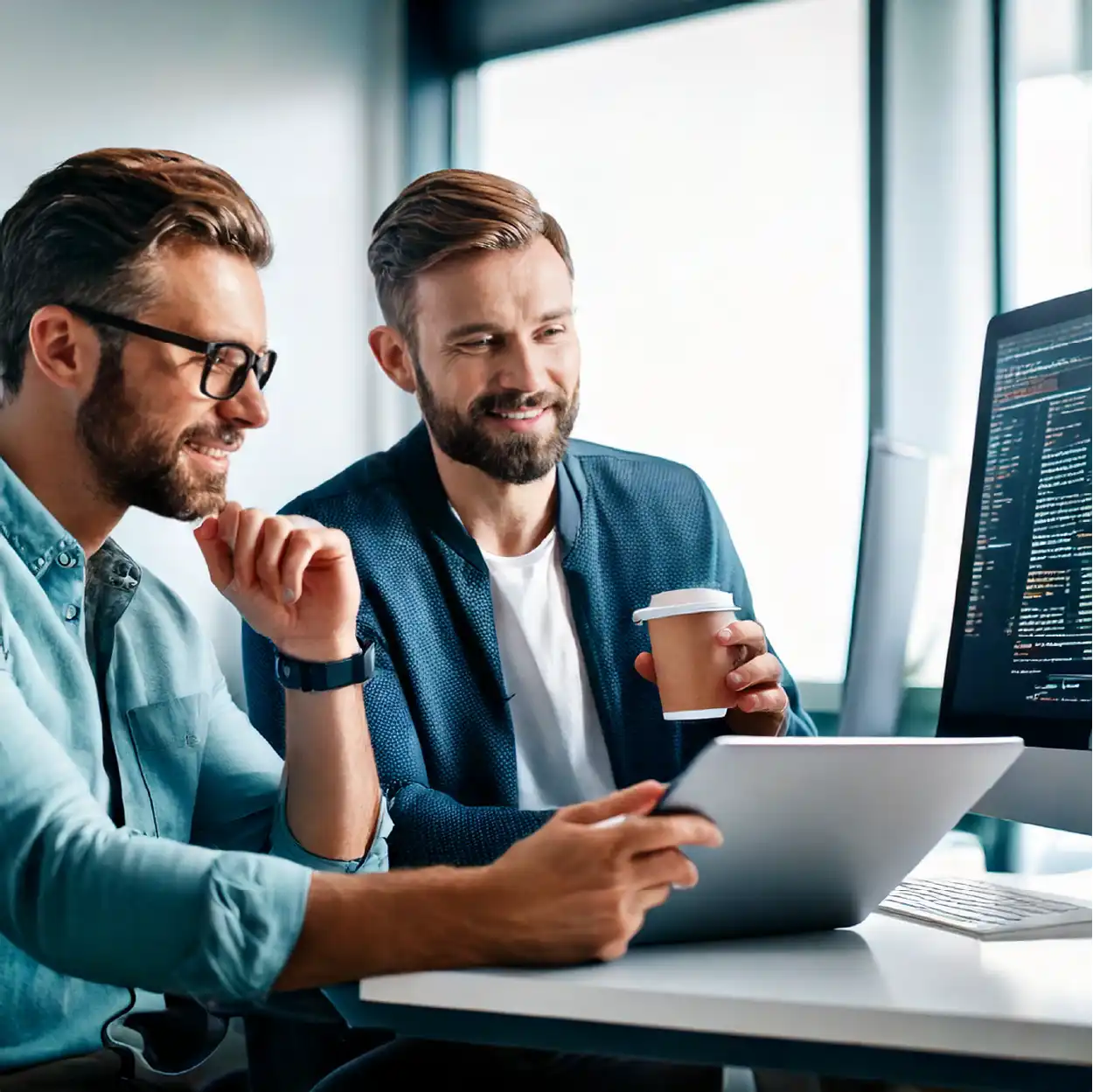 2 hommes travaillent ensemble devant un PC