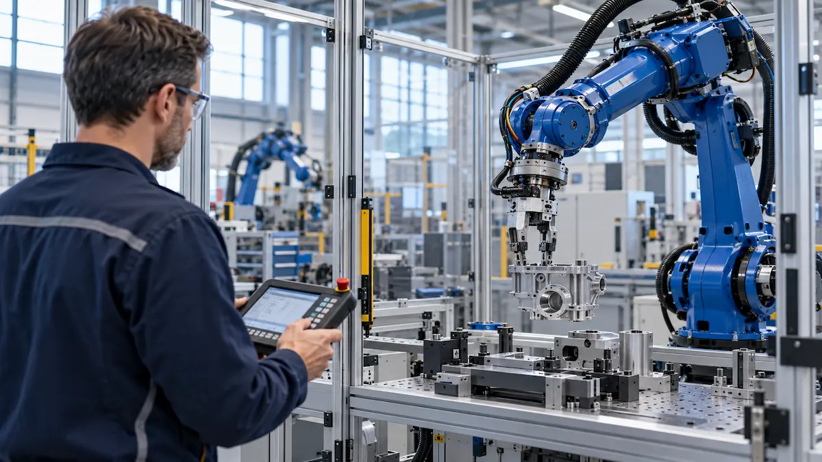 Ingénieur contrôlant un bras robotisé dans une cellule de production industrielle sécurisée.