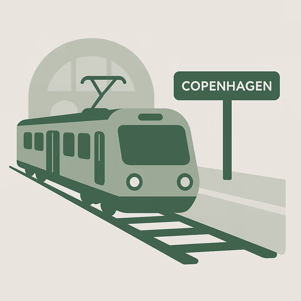 A green train traveling down train tracks next to a sign.