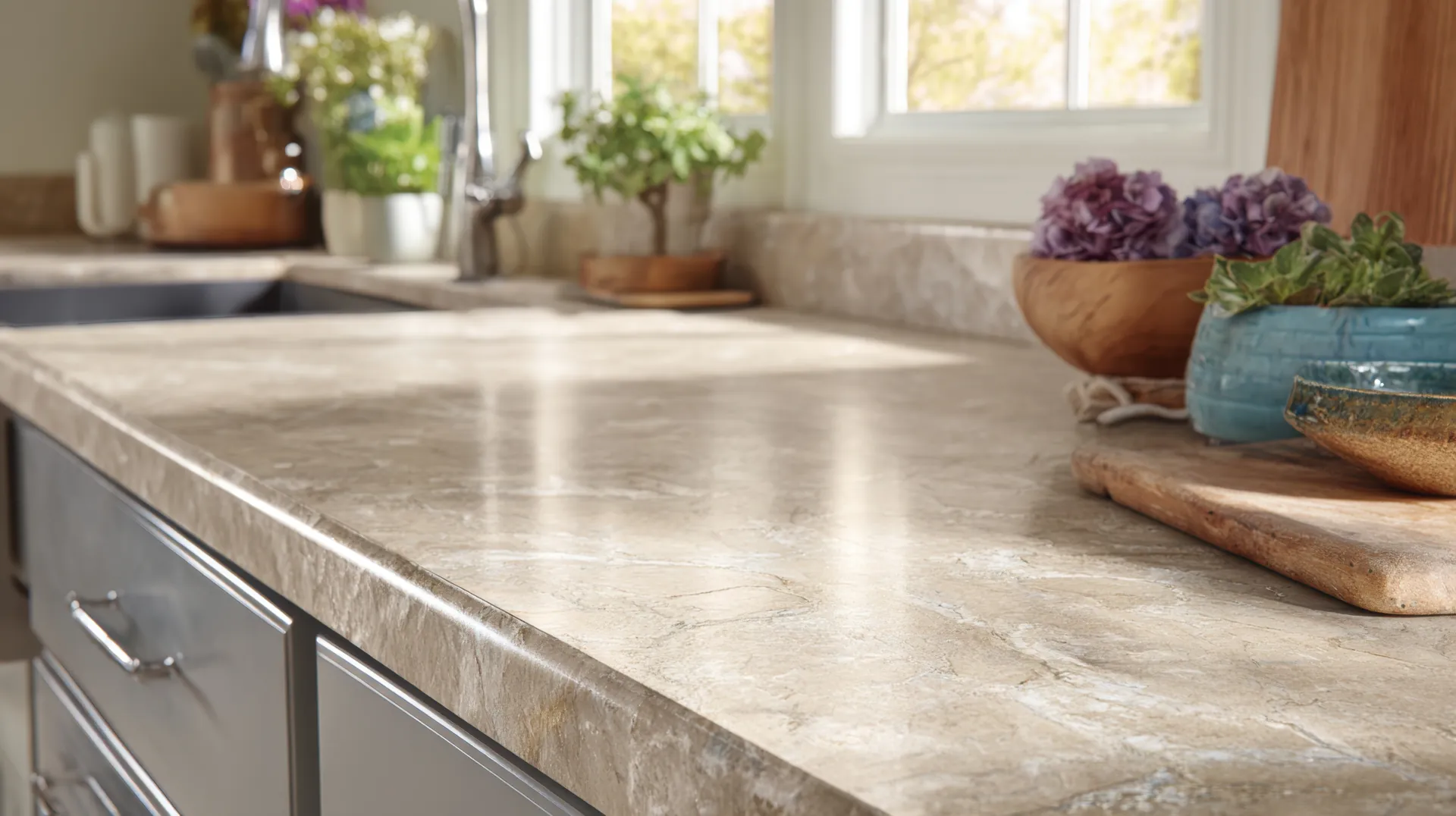 tan laminate countertop with several potted plants around a window