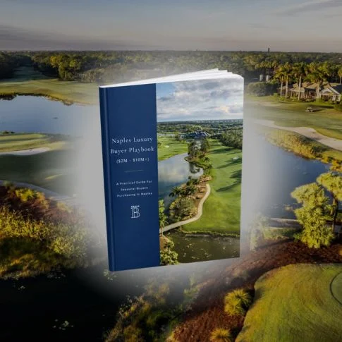 Book titled 'Grey Oaks Buyer's Guide' floating over an aerial view of a golf course and surrounding greenery.