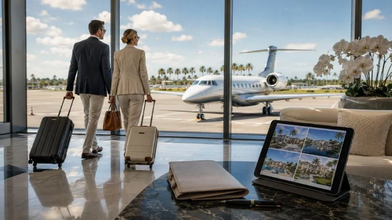 Man and woman with luggage walk in airport lounge toward a private jet outside large windows.