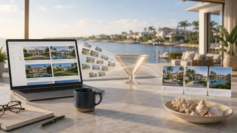 Laptop on table with real estate photos funneling through gold funnel to three preview cards by a seashell bowl.
