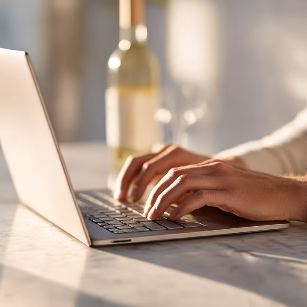Hands typing on a laptop keyboard placed on a marble surface with a blurred wine bottle in the background.