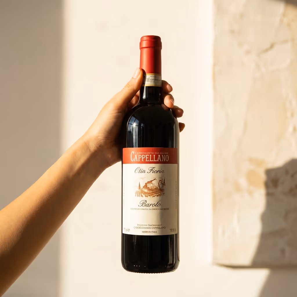 Hand holding a bottle of Cappellano Otin Fiorin Barolo red wine against a light background.