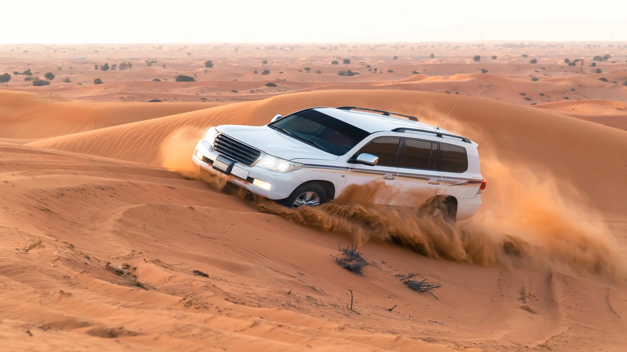 4x4 car dune bashing during a desert safari in Dubai.