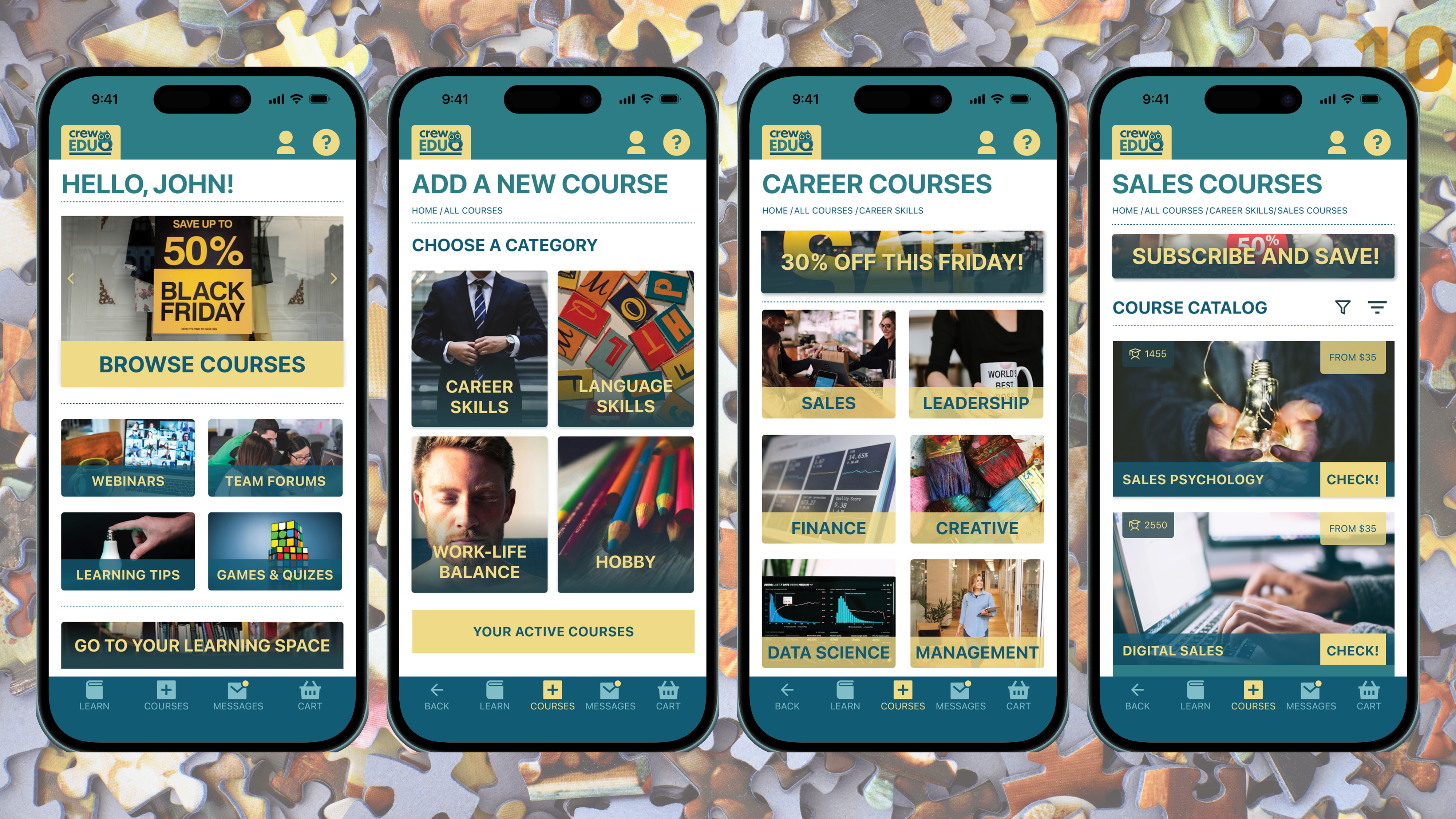 the screens of the purchasing a course user journey
