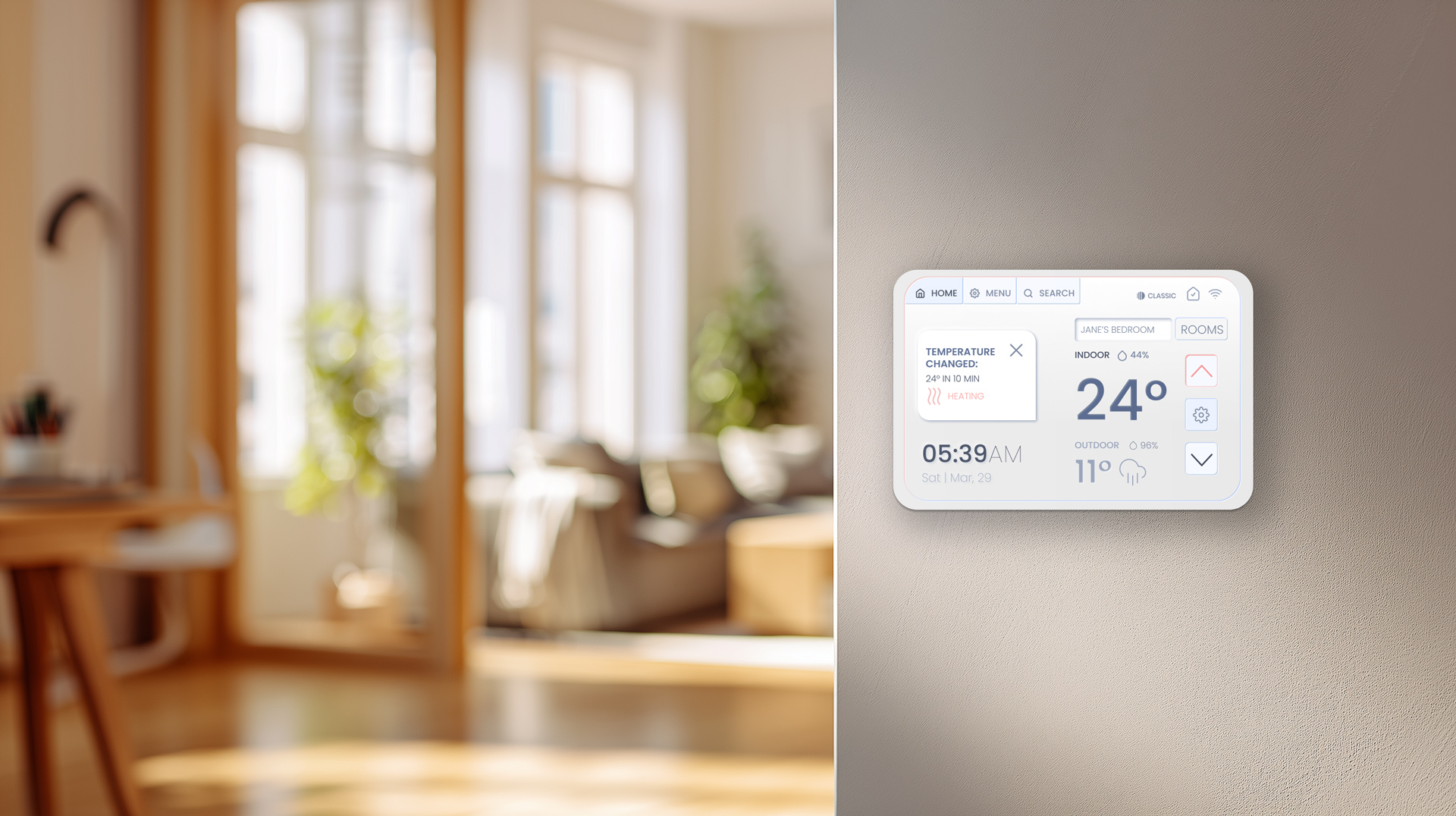 A mockup of the Homy Thermostat on the wall
