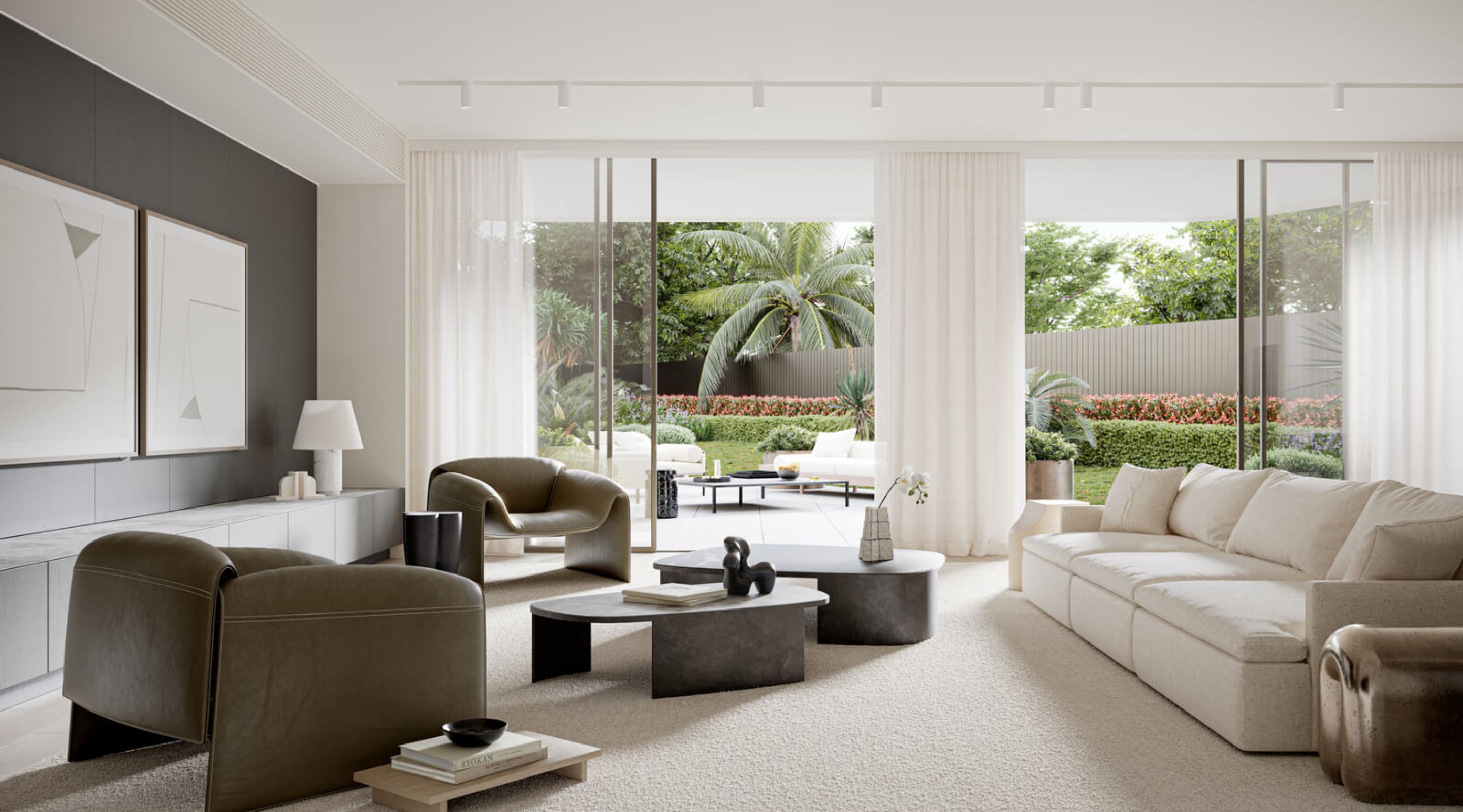 Modern living room with minimalist design and soft lighting