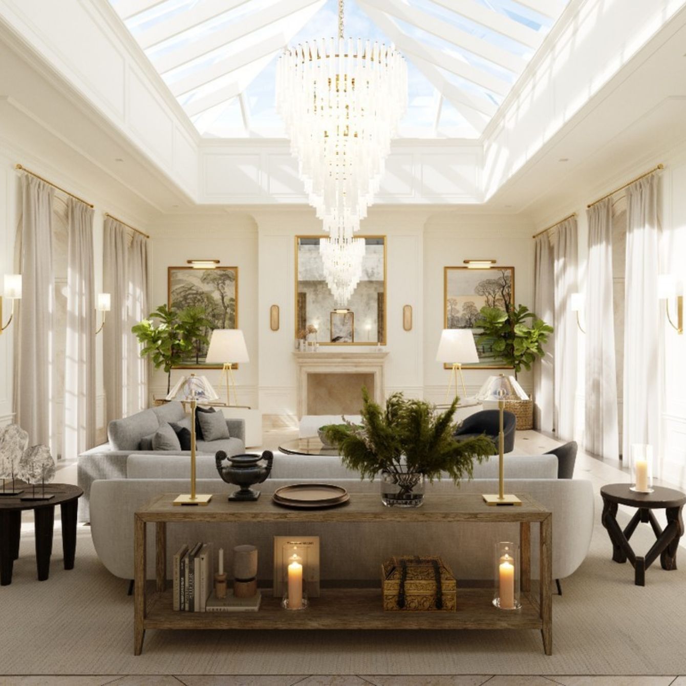 Bright living room with comfortable sofa and stylish decor