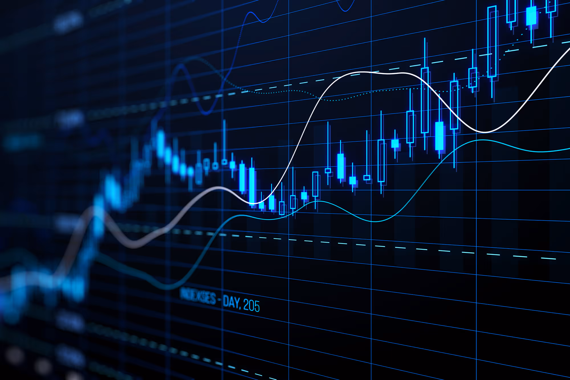 Digitale Darstellung eines Finanzcharts mit leuchtend blauen Kerzen, Linienindikatoren und Kursbewegungen auf dunklem Hintergrund.
