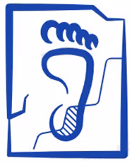 logo for the company dygitalfootprynt, outlined foot illustration in blue with a rectangular border surrounding it that's in the same shade of blue 