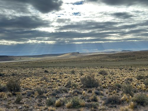 Cloudy sky with sun rays over a vast, dry grassland with scattered bushes and distant hills.