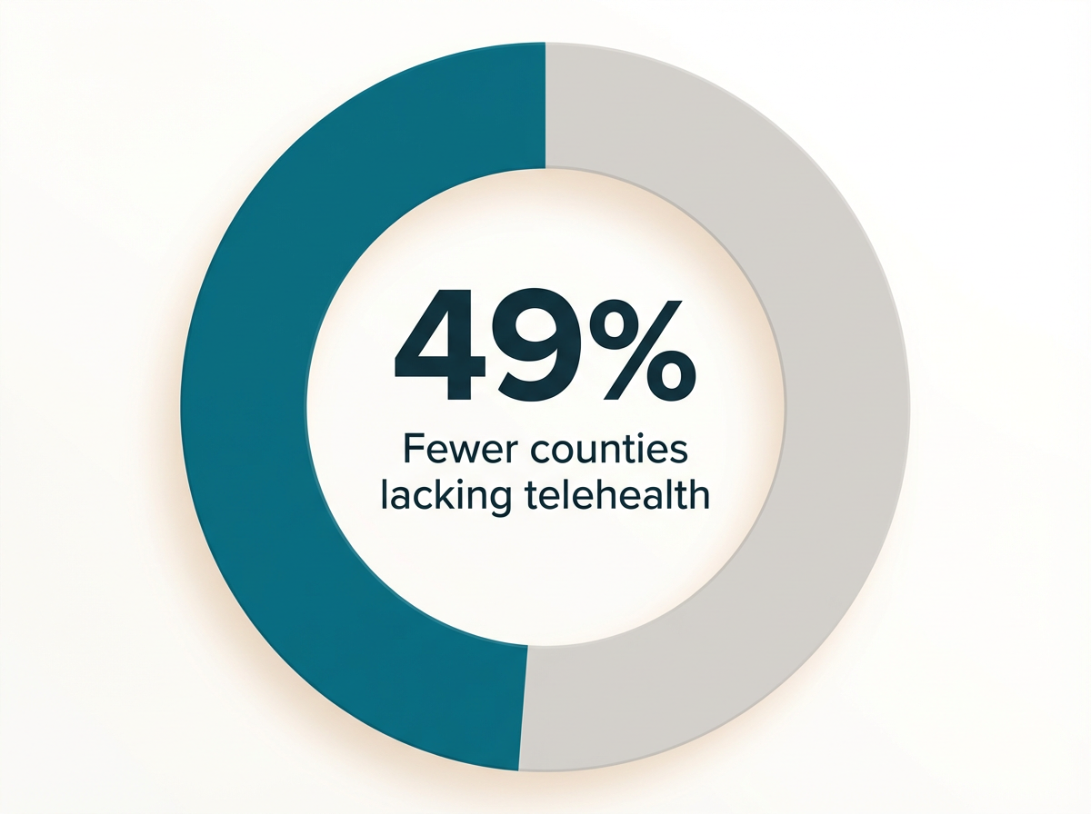 Infographic showing Reduction in counties without OUD treatment access via telehealth: 49%